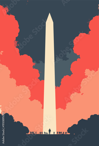 Washington Monument obelisk piercing sky like spear Stark, brutalist style Symmetrical composition heavy red black contrast Open creamcolored negative space sides