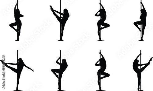 Set of black pole dancer silhouettes in various athletic and graceful poses, vector icons for fitness gym dance studio exotic performance and nightclub entertainment