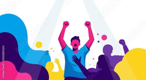 People Celebrating Under Spotlight Illustrative Graphic With Abstract Colorful Elements