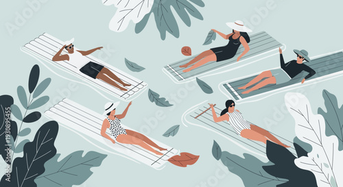 People Enjoying Summer Time Floating On Water With Leaves And Sunbathing