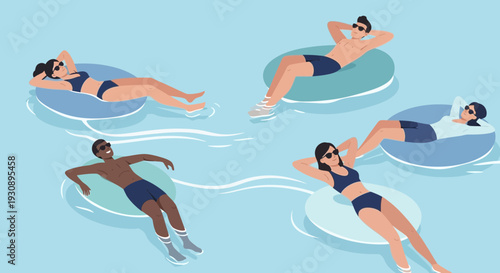 People Enjoying Relaxation in Swimming Pool with Inflatable Rings During a Sunny Summer Day