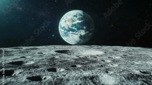 A photograph of Earth from space, with the moon in the foreground.