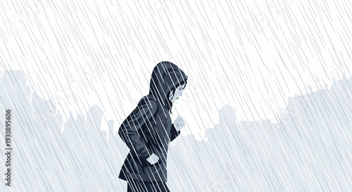 Person Braving Downpour Amidst Urban Silhouettes