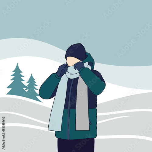 Person Bundled Warmly In Snow Covered Landscape Adjusting Scarf