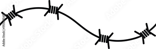 Barbed wire silhouette illustration, twisted razor fence line symbol, security barrier element, black monochrome vector isolated design