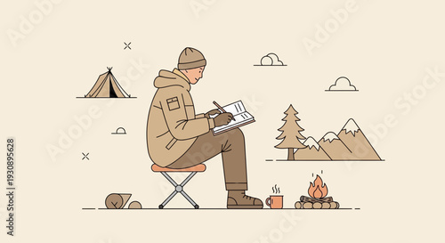 Person Camping And Writing In A Journal Outdoors With Mountains And Campfire