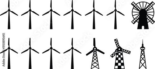 Set of black wind turbine and windmill silhouettes with renewable energy generators and traditional farm mills, vector icons for sustainable power and environment design
