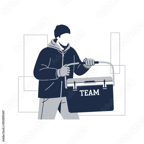 Person Carrying Cooler Box Labeled Team In Modern Minimalist Style