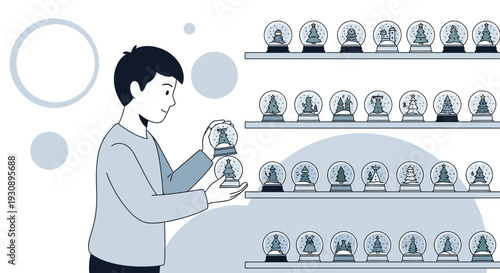 Person Choosing A Snow Globe From A Display Of Festive Ornaments
