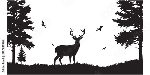 A deer and birds in a forest with pine trees isolated on white background, Vector