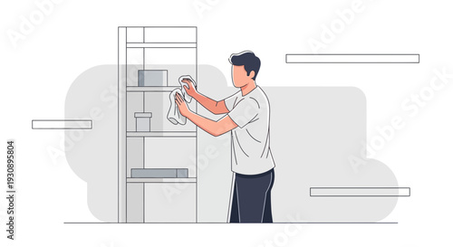 Person Cleaning Shelves In Modern Interior Design With Minimalist Style