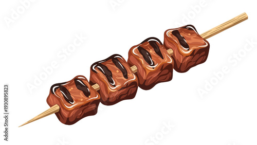 Juicy grilled meat cubes on a skewer with glaze