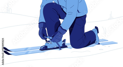 Person Kneeling To Adjust Ski Boot Straps On A Snowy Slope