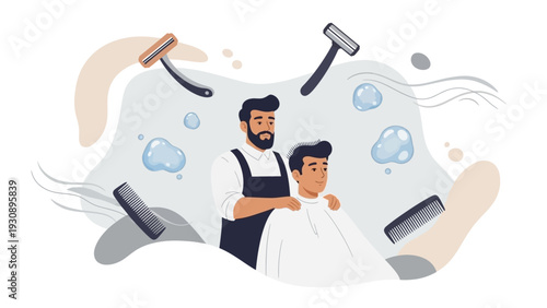 Barber giving a haircut to a client with grooming tools around.