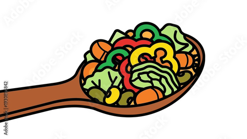 Wooden spoon filled with fresh vegetable salad and food ingredients.