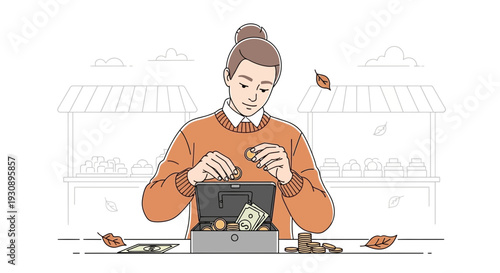 Person Counting Coins And Bills In A Cash Box Outdoors