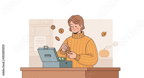 Person Counting Coins And Storing Money In A Safe, Saving, Investment, Finance Concept Illustration