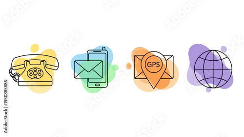 Modern line art icons for communication, digital, and global services.