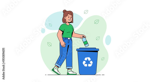 Person Disposing Plastic Bottle Into Blue Recycling Bin