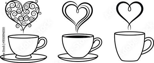 Set of coffee and tea cup line art illustrations with heart shaped steam for cafe branding romantic breakfast valentines day and morning love concepts
