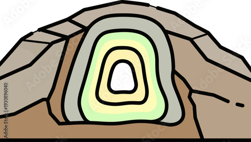Stylized geological cross-section revealing earth layers and a cave entrance.