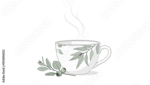 A cup of hot tea with eucalyptus leaves decoration