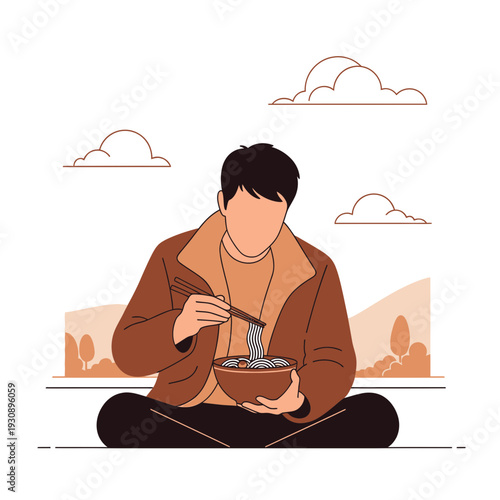 Person Enjoying A Bowl Of Noodles Outdoors Under Stylized Clouds