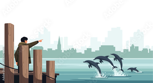 Person Observing Dolphins Jumping Near City Skyline