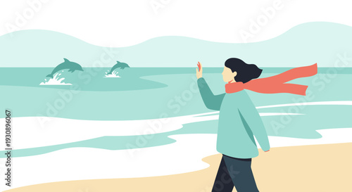 Person Observing Dolphins Leap From Ocean Waves While Walking On Beach