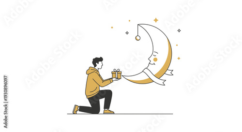 Person Offering Gift To Smiling Crescent Moon With Stars