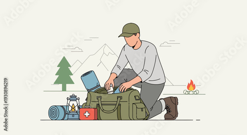 Person Packing Camping Gear For Outdoor Adventure Trip Mountain Background