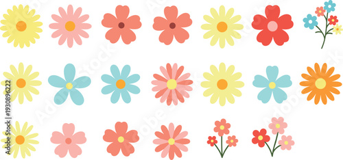Cute Colorful Flower Icon Set with Floral Blossom and Decorative Spring Nature Elements for Stickers, Prints, Children Designs, and Creative Projects
