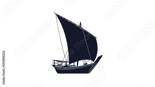 Silhouette of a traditional dhow sailing boat on a white background.