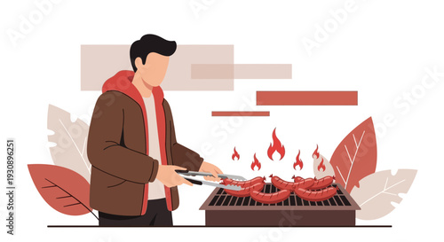 Person Grilling Sausages Outdoors On A Barbecue With Flames