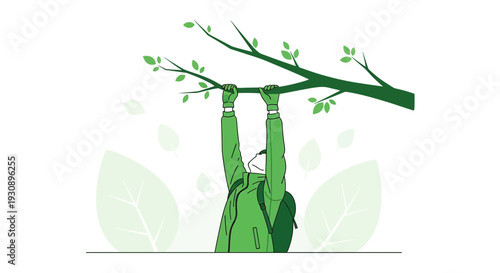 Person Hanging From Tree Branch With Leaves And Greenery Nature Background Illustration