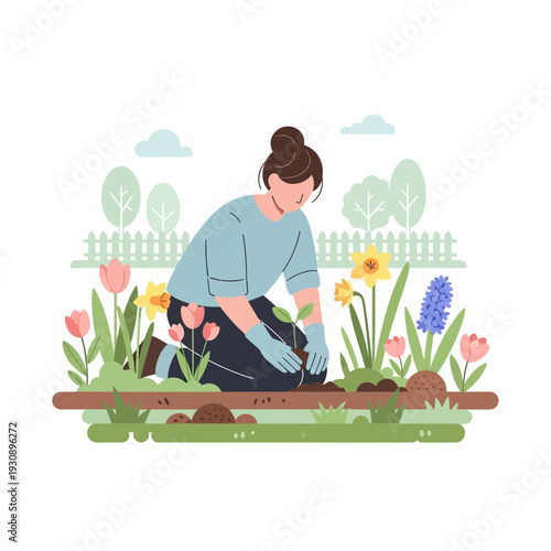 Person Planting Flowers In A Garden Surrounded By Spring Blooms
