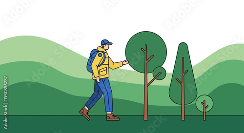 Person Hiking Through Lush Green Hills With Trees Minimalist Style