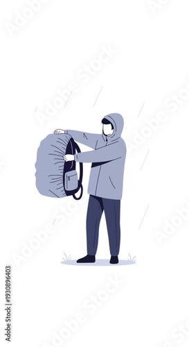 Person Protecting Backpack From Rain With Cover