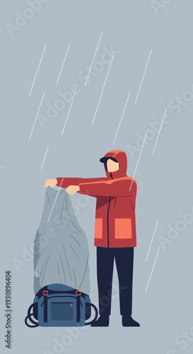 Person Protecting Luggage From Heavy Downpour In Outdoor Setting