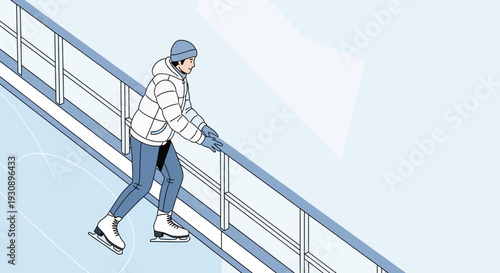 Person Ice Skating Downward Along a Railed Pathway Outdoors