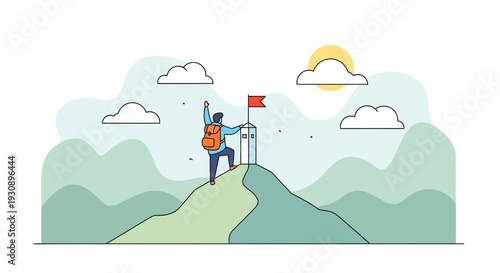 Person Reaching Mountain Summit With Flag And Backpack Illustration