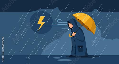 Person In Raincoat Holding Umbrella During Thunderstorm Weather