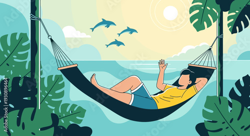 Person Relaxing In A Hammock Overlooking The Ocean With Dolphins