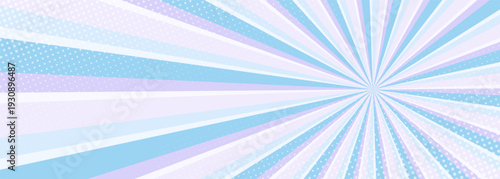 Pastel radial burst halftone abstract background showing soft blue and pink rays converging toward center, retro comic energy with subtle dotted texture, airy minimal composition for poster
