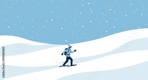 Person Snowshoeing Through Snowy Landscape Under Falling Snowflakes