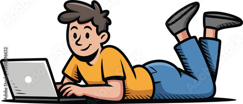 Boy lying on floor using laptop with legs up and smiling
