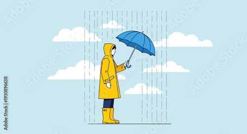 Person Standing In The Rain Using An Umbrella, Yellow Coat And Blue Sky Backdrop