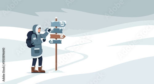 Person Standing At A Snowy Crossroads Making A Decision