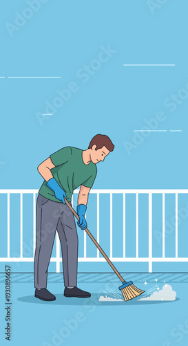 Person Sweeping Outdoor Patio Area Maintaining Cleanliness and Order