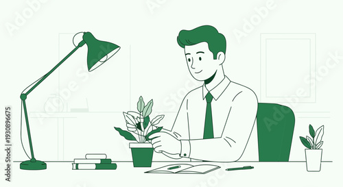 Person Tending To A Plant At A Desk With Books And Lamp